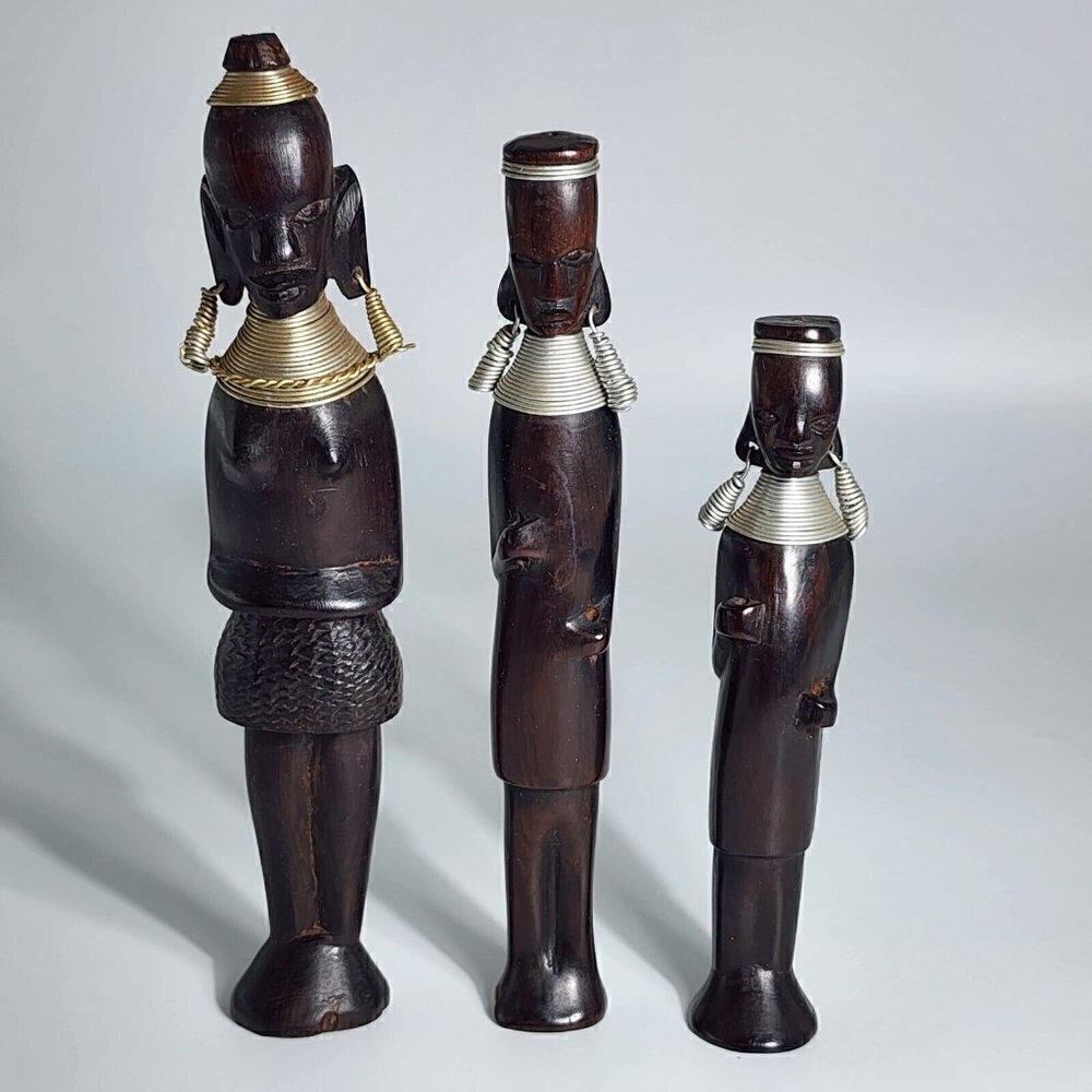 Vintage Kenyan African Wood Metal Figures Hand Carved Tribal Art Set Of 3